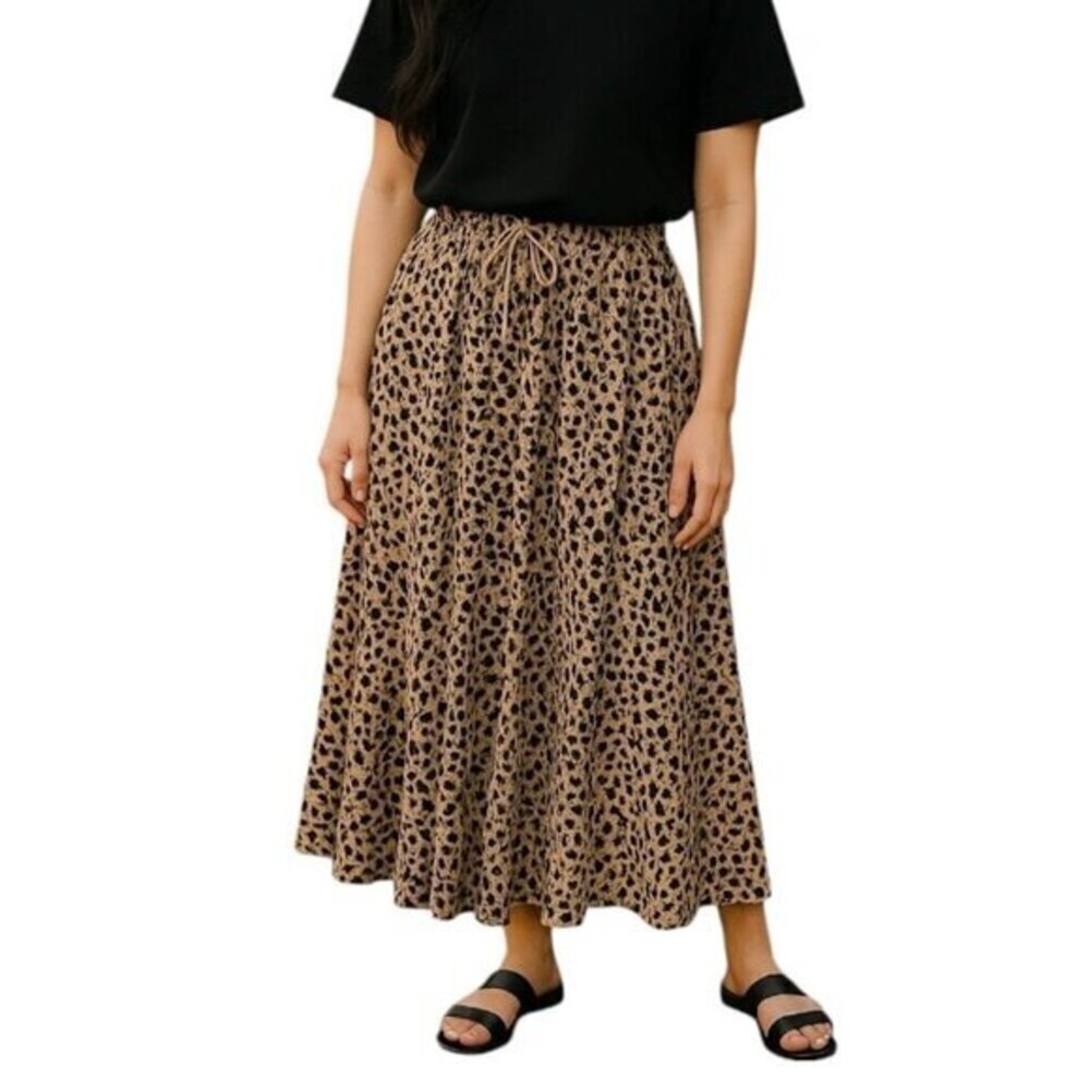 24 Karat Leopard Print Pull-on Cotton Pleated Maxi Skirt OS